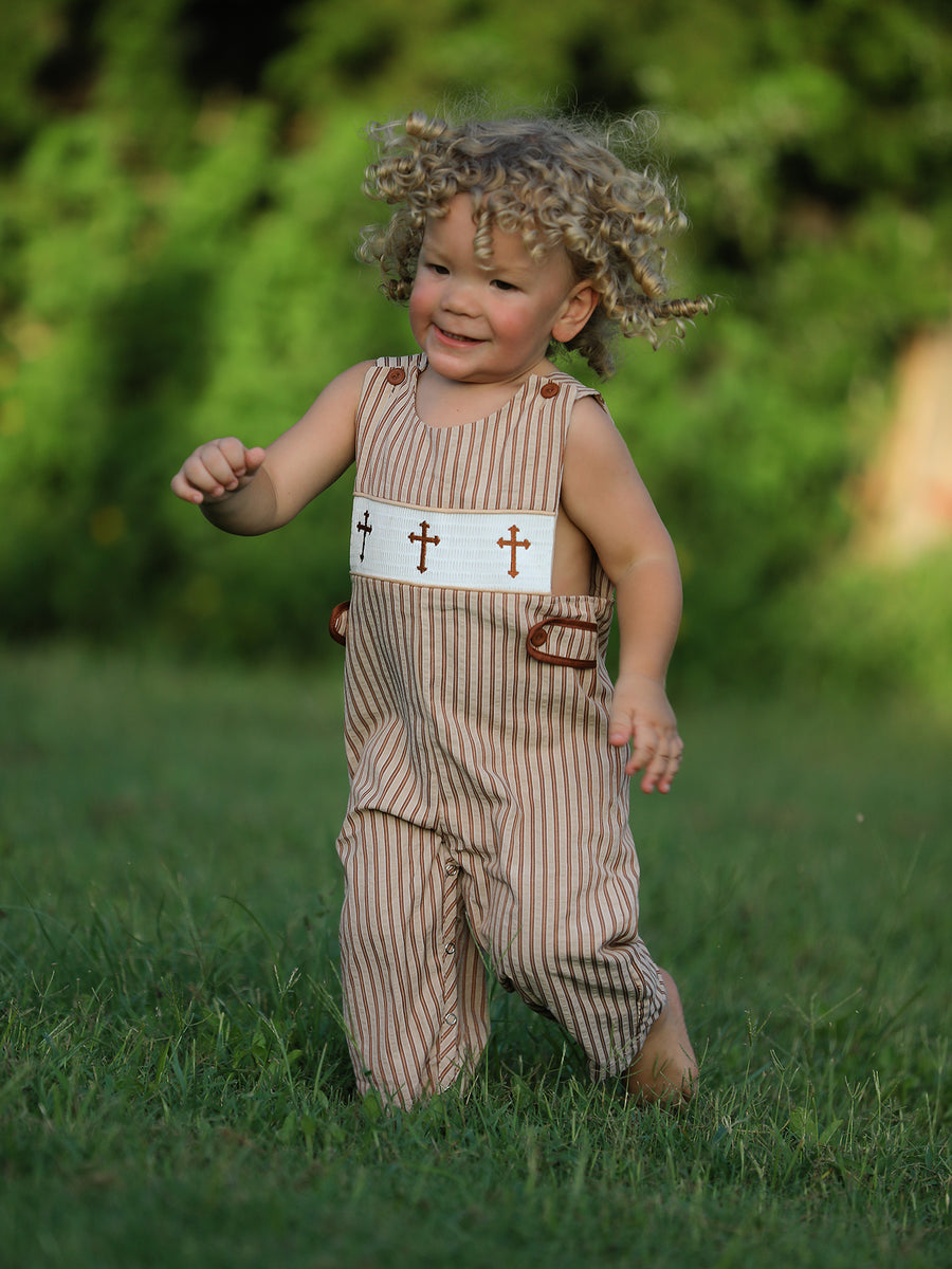 Stripe Smocked Church Christ Bishop Christening Toddler Boys' Romper