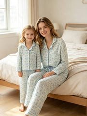 Mommy and Me Blue Floral Print Pajama Set with Button Top