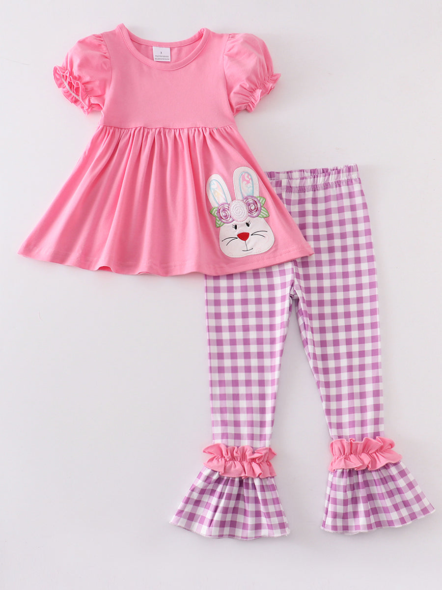 Magenta plaid rabbit  ruffle pants set