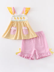 Yellow Plaid Chicken Applique Ruffle Girl Set