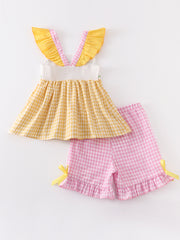 Yellow Plaid Chicken Applique Ruffle Girl Set