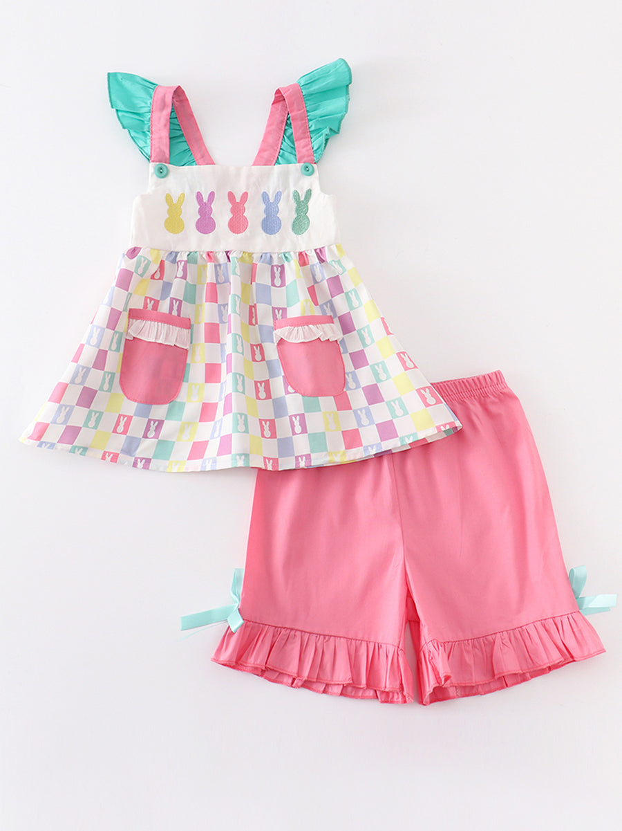 Colored Plaid Rabbit Applique Girl Set