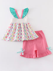 Colored Plaid Rabbit Applique Girl Set