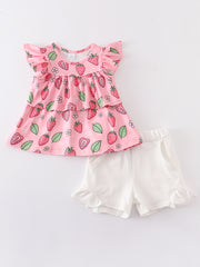 Pink Strawberry Ruffle Shorts Set Set