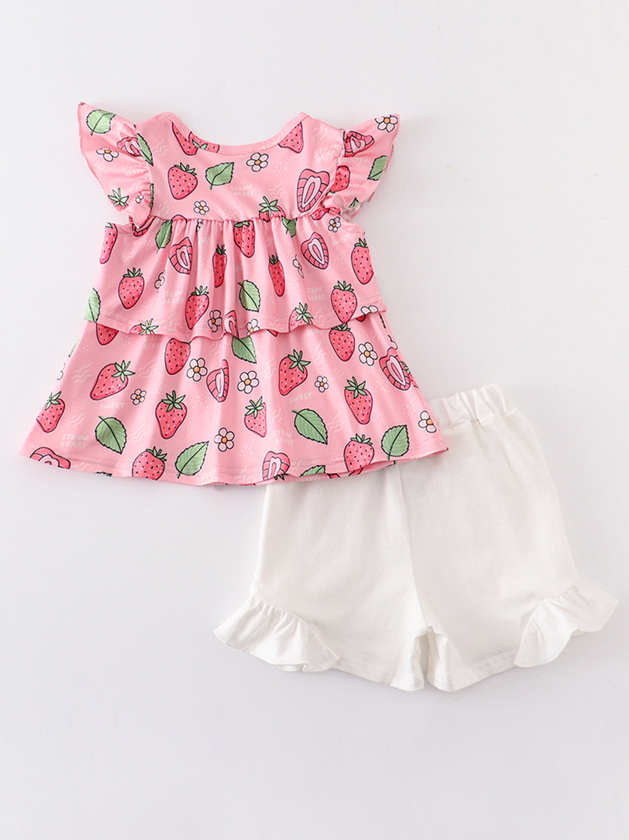 Pink Strawberry Ruffle Shorts Set Set