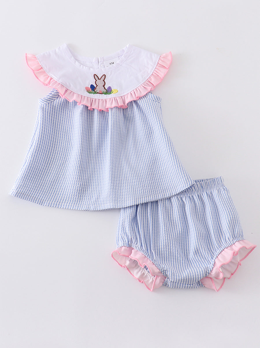 Blue Stripe Rabbit Applique Baby Set