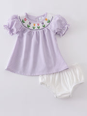 Summer Stripe Flowers Smocked Baby Set