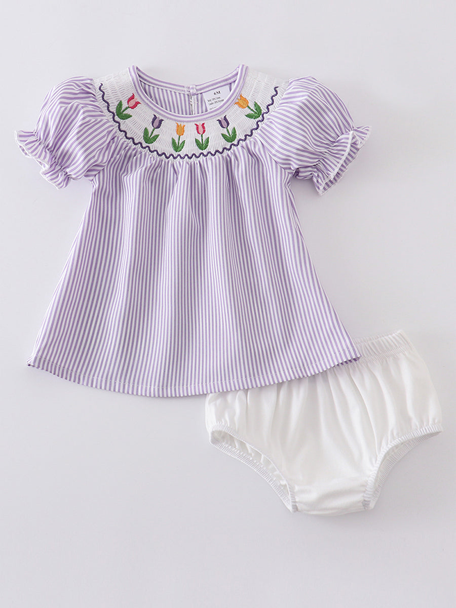 Summer Stripe Flowers Smocked Baby Set