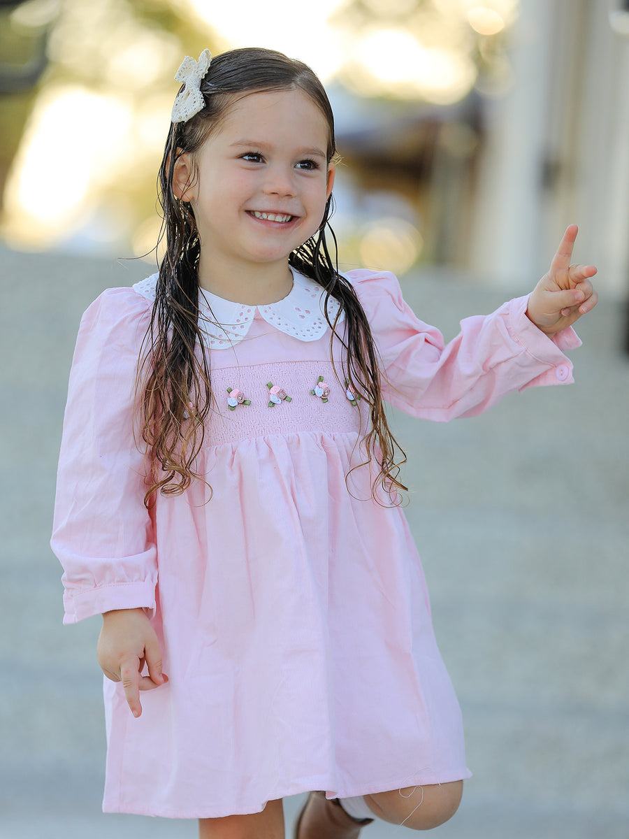 Fall Pink Smocked Girls Corduroy Dress Peter Pan Collar Long Sleeve Floral Detail