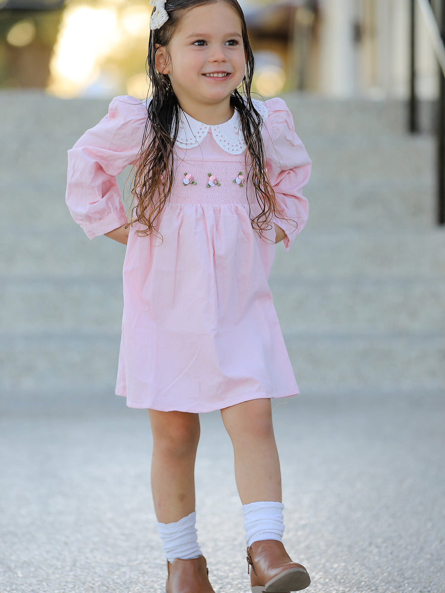 Fall Pink Smocked Girls Corduroy Dress Peter Pan Collar Long Sleeve Floral Detail