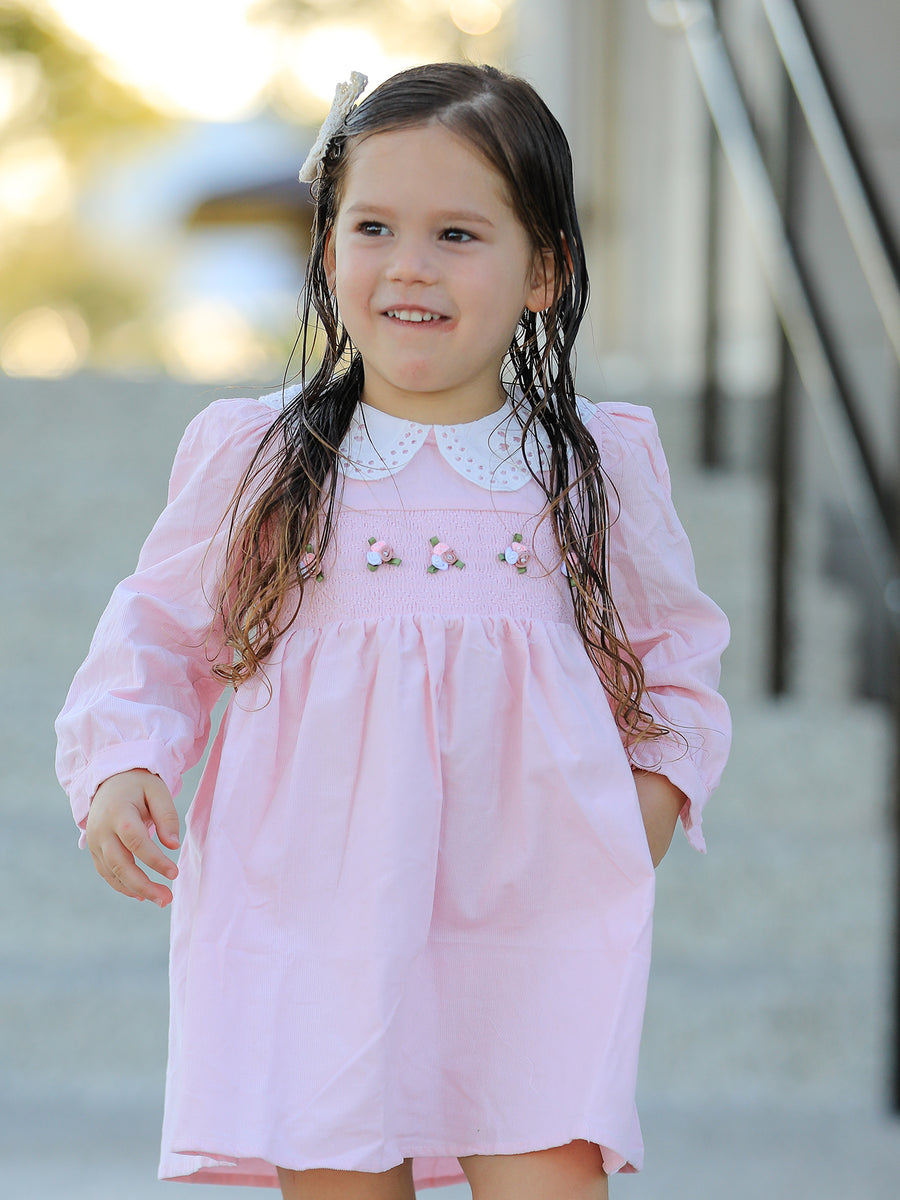 Fall Pink Smocked Girls Corduroy Dress Peter Pan Collar Long Sleeve Floral Detail