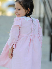 Fall Pink Smocked Girls Corduroy Dress Peter Pan Collar Long Sleeve Floral Detail