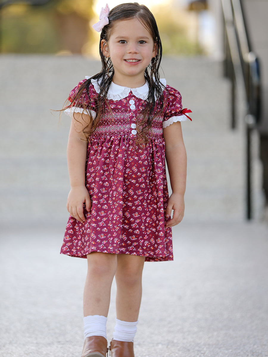 Burgundy Floral Smocked Girls Dress Peter Pan Collar Lace Trim