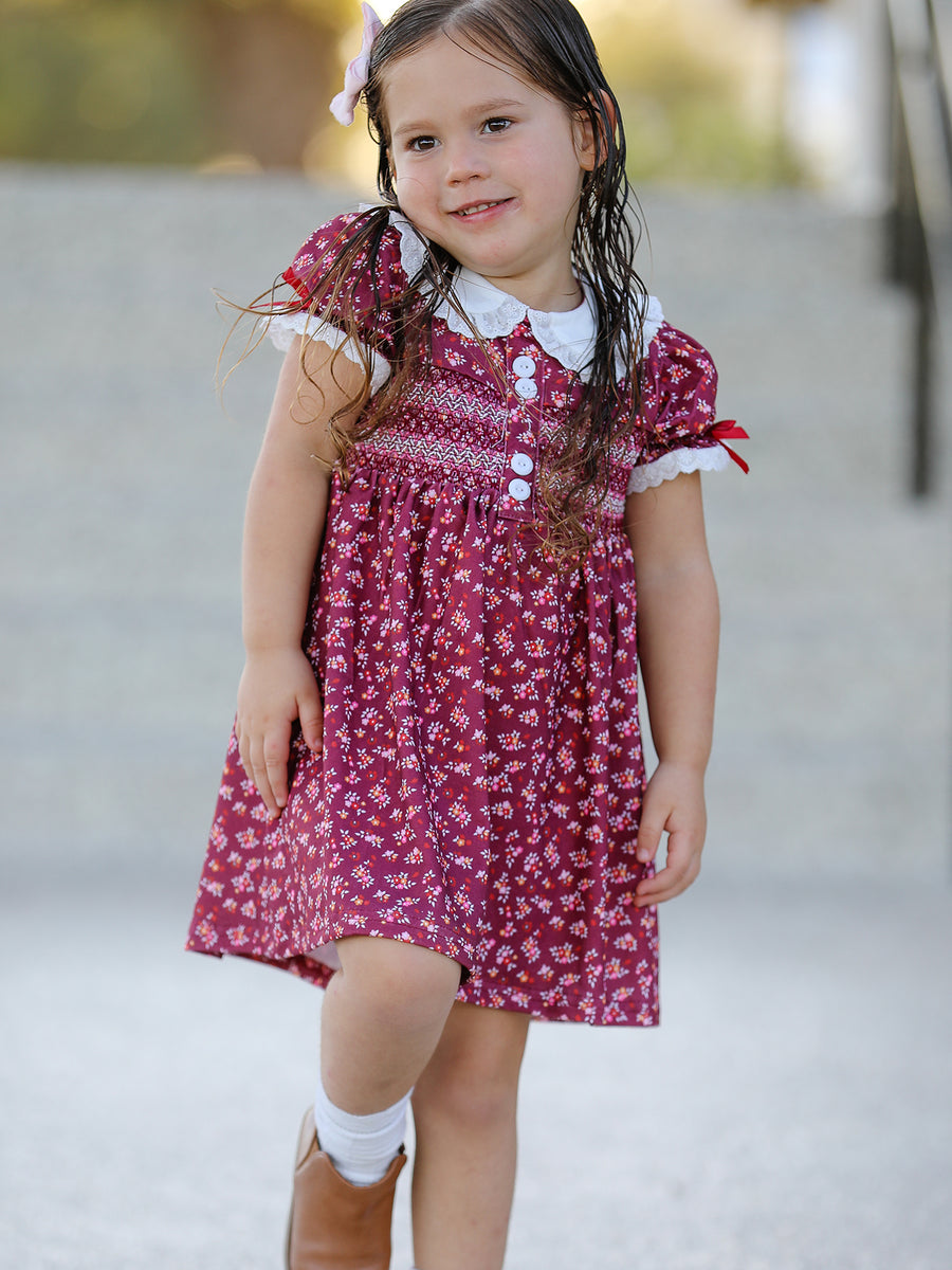 Burgundy Floral Smocked Girls Dress Peter Pan Collar Lace Trim