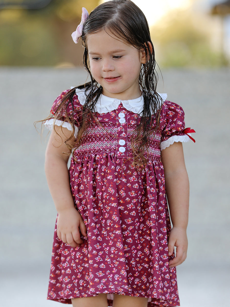 Burgundy Floral Smocked Girls Dress Peter Pan Collar Lace Trim
