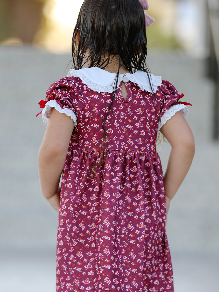 Burgundy Floral Smocked Girls Dress Peter Pan Collar Lace Trim