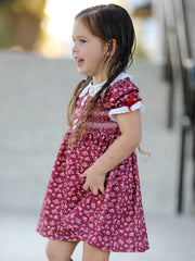Burgundy Floral Smocked Girls Dress Peter Pan Collar Lace Trim