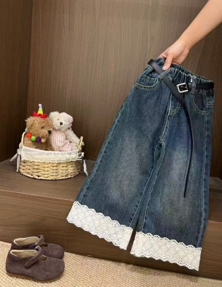 Spring and Autumn Sweet Denim Girls Lace Jeans Without Belt