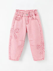Girls Light Wash Bow Applique Relaxed Denim Jeans