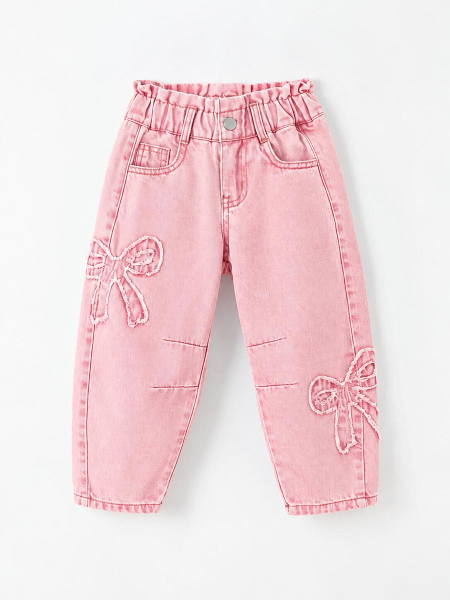 Girls Light Wash Bow Applique Relaxed Denim Jeans