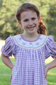 Halloween Girls Purple Smocking Ghost Bow Embroidery Plaid Dress