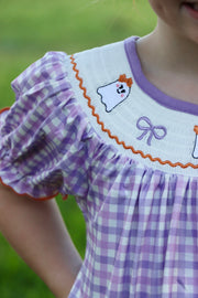 Halloween Girls Purple Smocking Ghost Bow Embroidery Plaid Dress