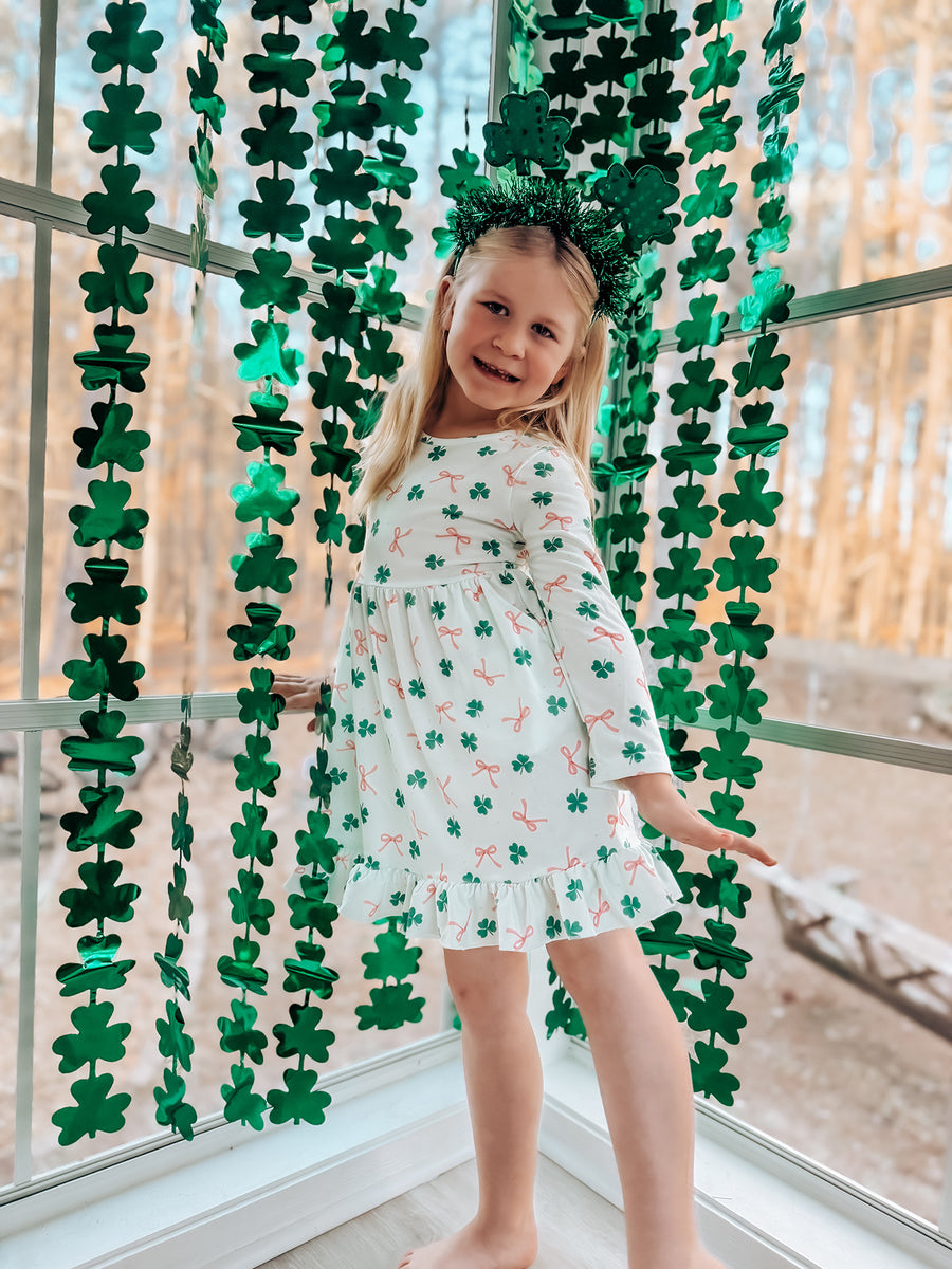 St. Patrick's Day Bow Shamrock Print Ruffles Girls Dress