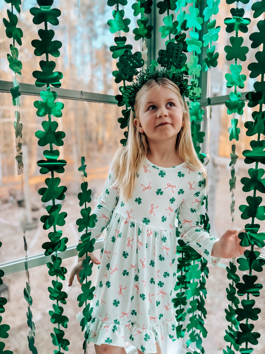 St. Patrick's Day Bow Shamrock Print Ruffles Girls Dress