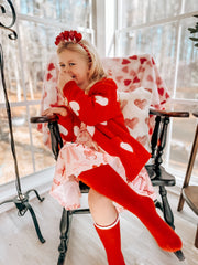 Valentine’s Day Girls Red Heart Pattern Fuzzy Knit Cardigan with Front Pockets