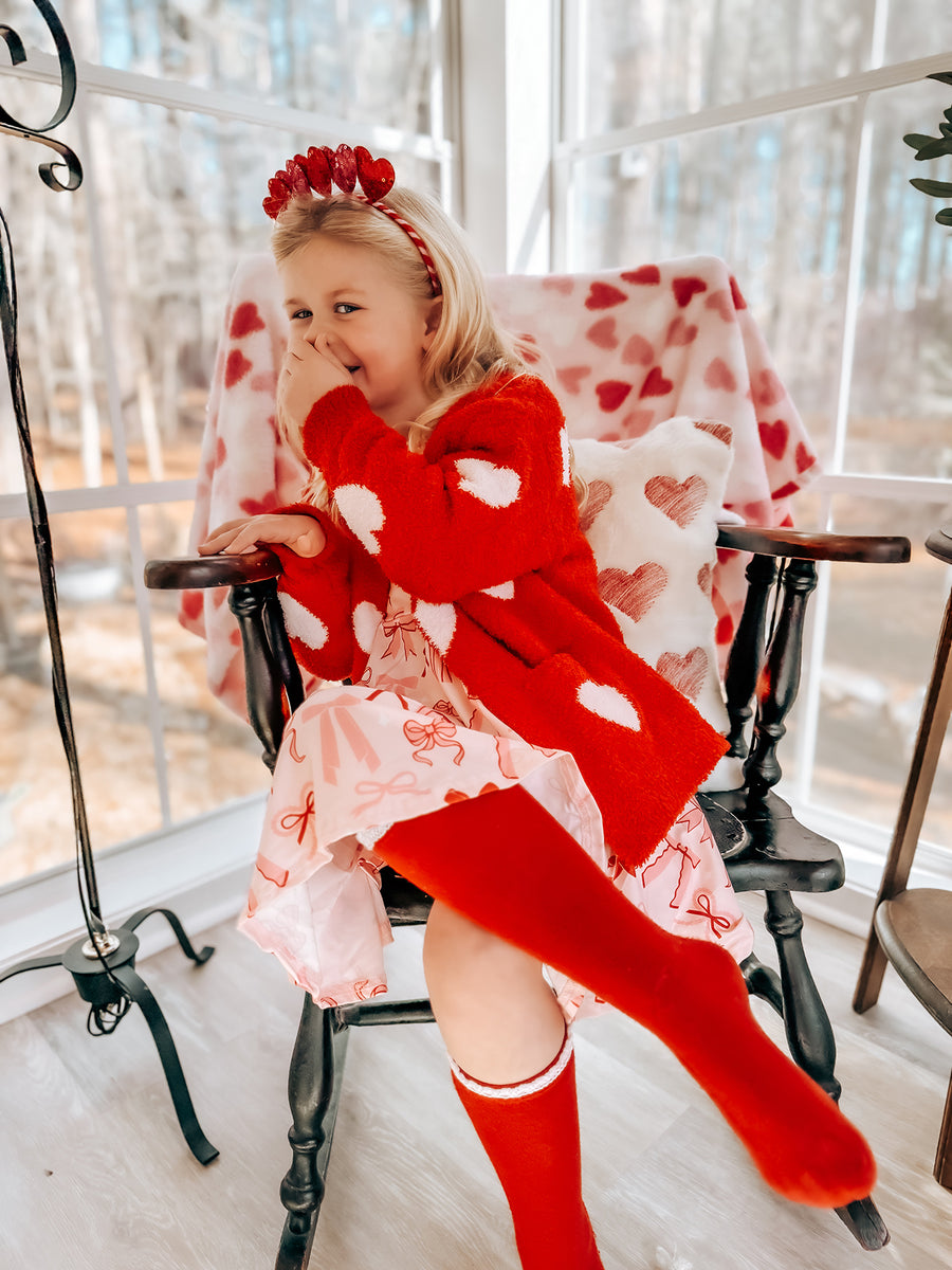 Valentine’s Day Girls Red Heart Pattern Fuzzy Knit Cardigan with Front Pockets