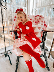 Valentine’s Day Girls Red Heart Pattern Fuzzy Knit Cardigan with Front Pockets