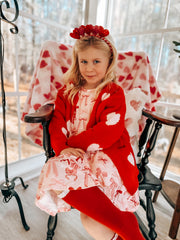 Valentine’s Day Girls Red Heart Pattern Fuzzy Knit Cardigan with Front Pockets