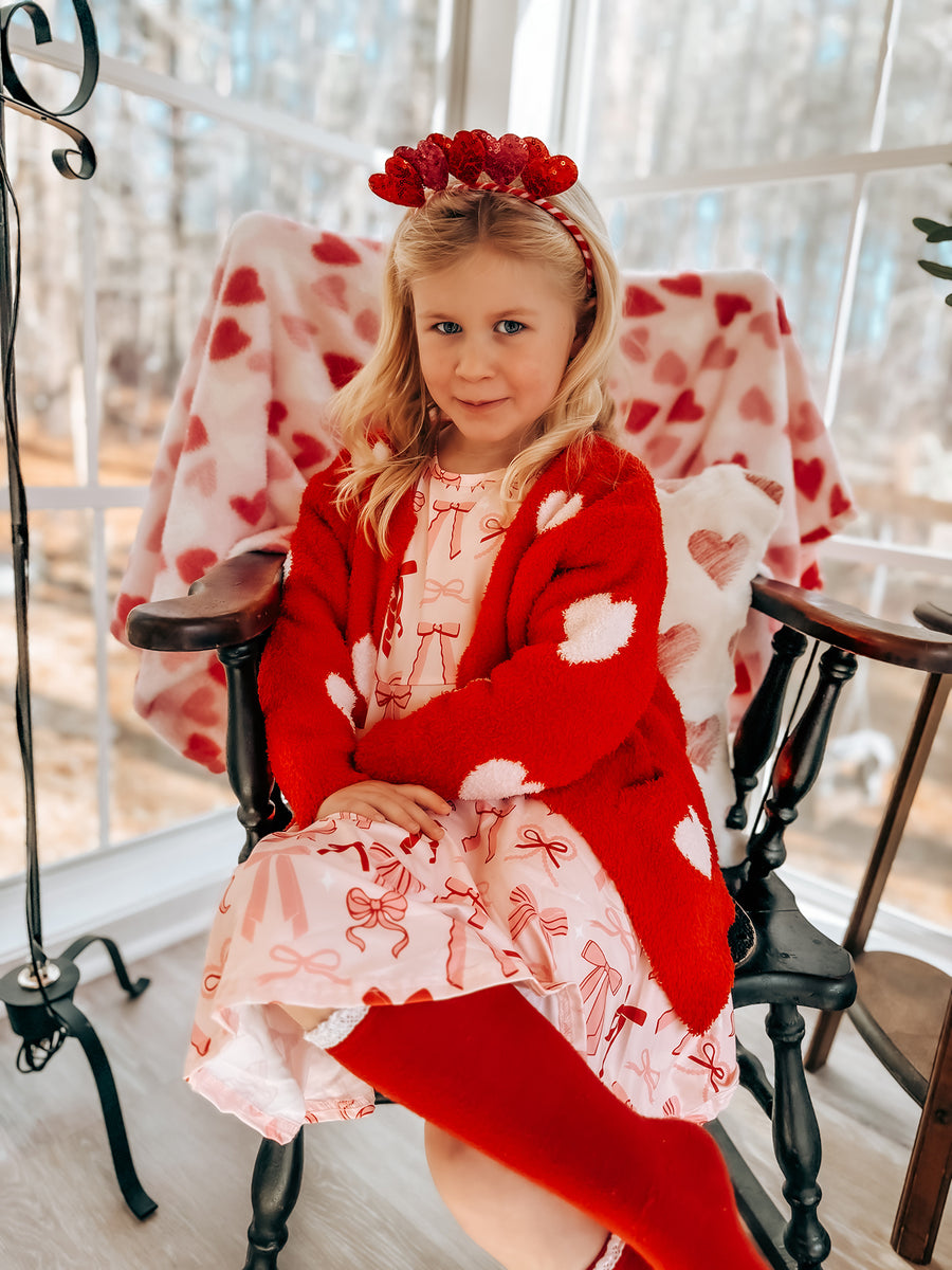 Valentine’s Day Girls Red Heart Pattern Fuzzy Knit Cardigan with Front Pockets