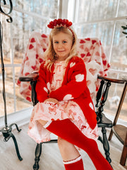 Valentine’s Day Girls Red Heart Pattern Fuzzy Knit Cardigan with Front Pockets