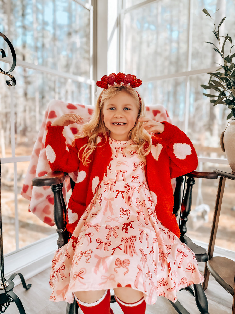 Valentine’s Day Girls Red Heart Pattern Fuzzy Knit Cardigan with Front Pockets