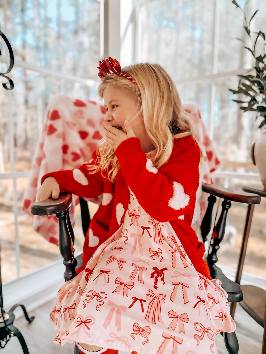 Valentine’s Day Girls Red Heart Pattern Fuzzy Knit Cardigan with Front Pockets