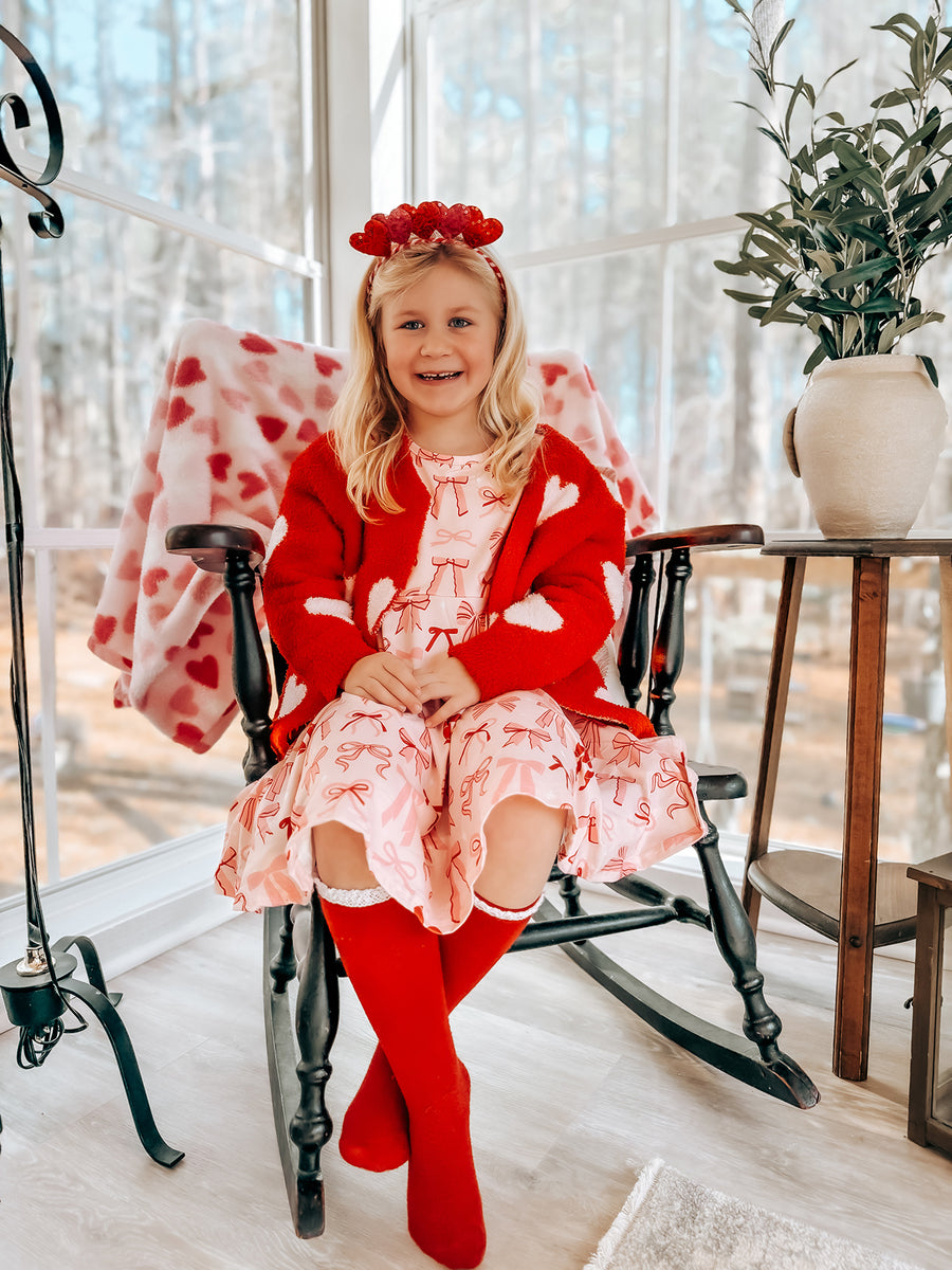 Toddler Girls Valentine Bow Print Long Sleeves Dress
