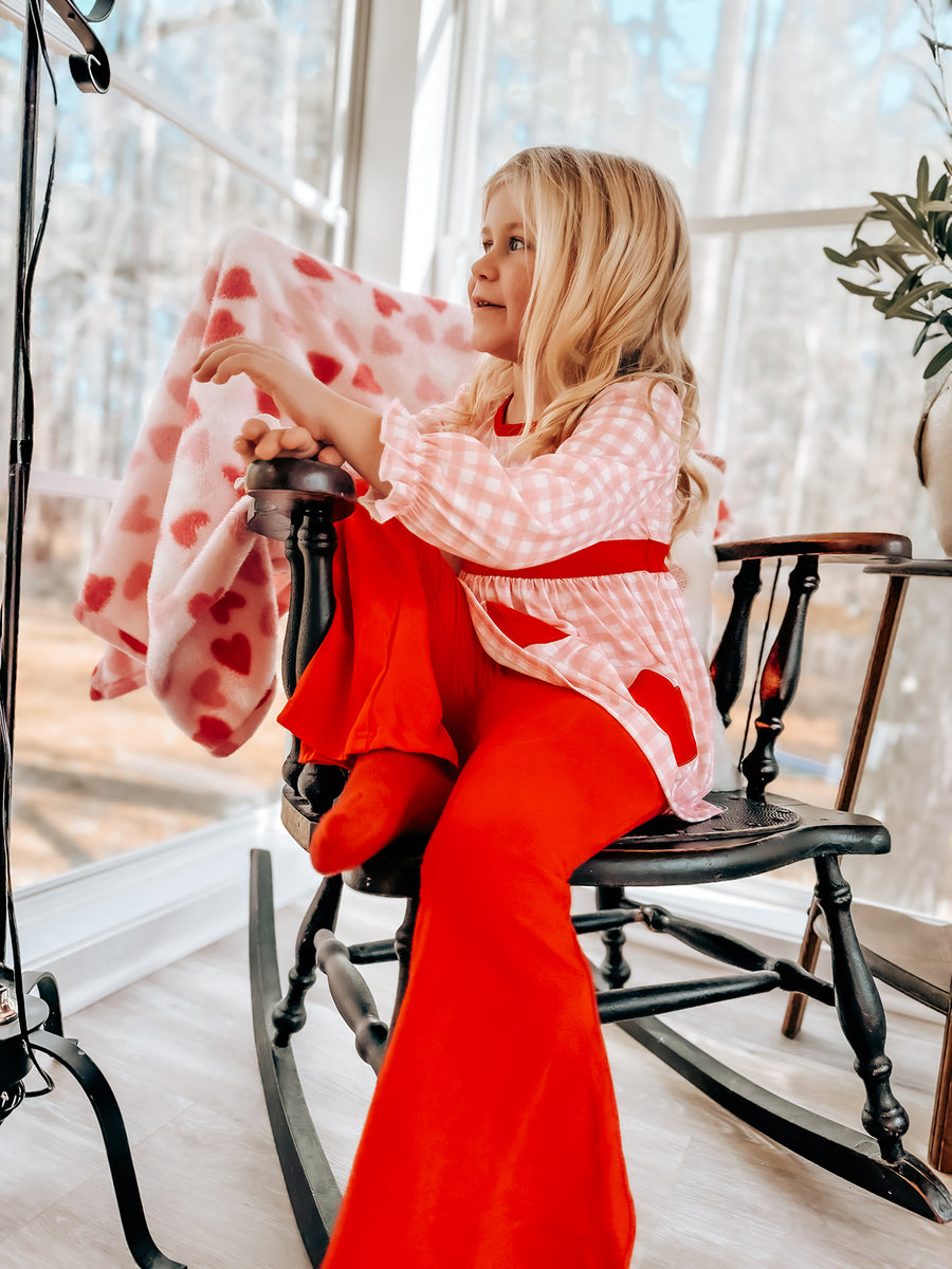 Girls Valentine's Day Heart Applique Plaid Outfits Set