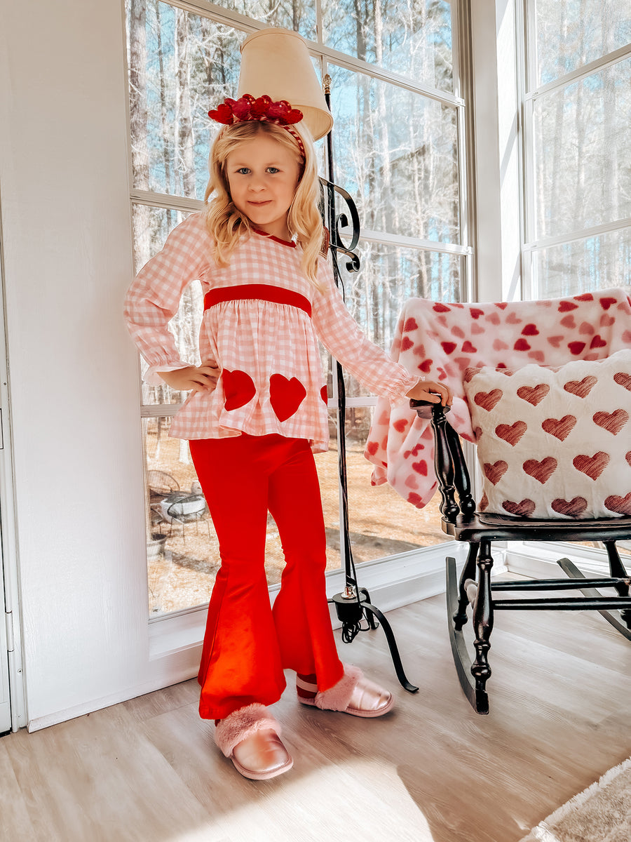 Girls Valentine's Day Heart Applique Plaid Outfits Set
