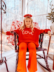 Valentine’s Day Girls Red Knit Sweater – "Love" Heart Embroidery Long Sleeve Pullover