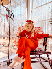 Valentine’s Day Girls Red Knit Sweater – "Love" Heart Embroidery Long Sleeve Pullover