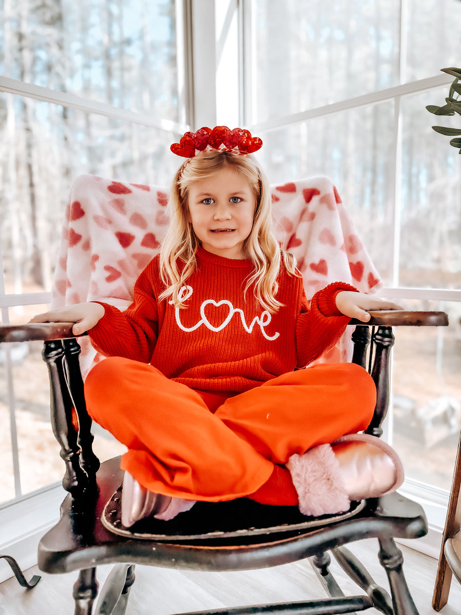 Valentine’s Day Girls Red Knit Sweater – "Love" Heart Embroidery Long Sleeve Pullover