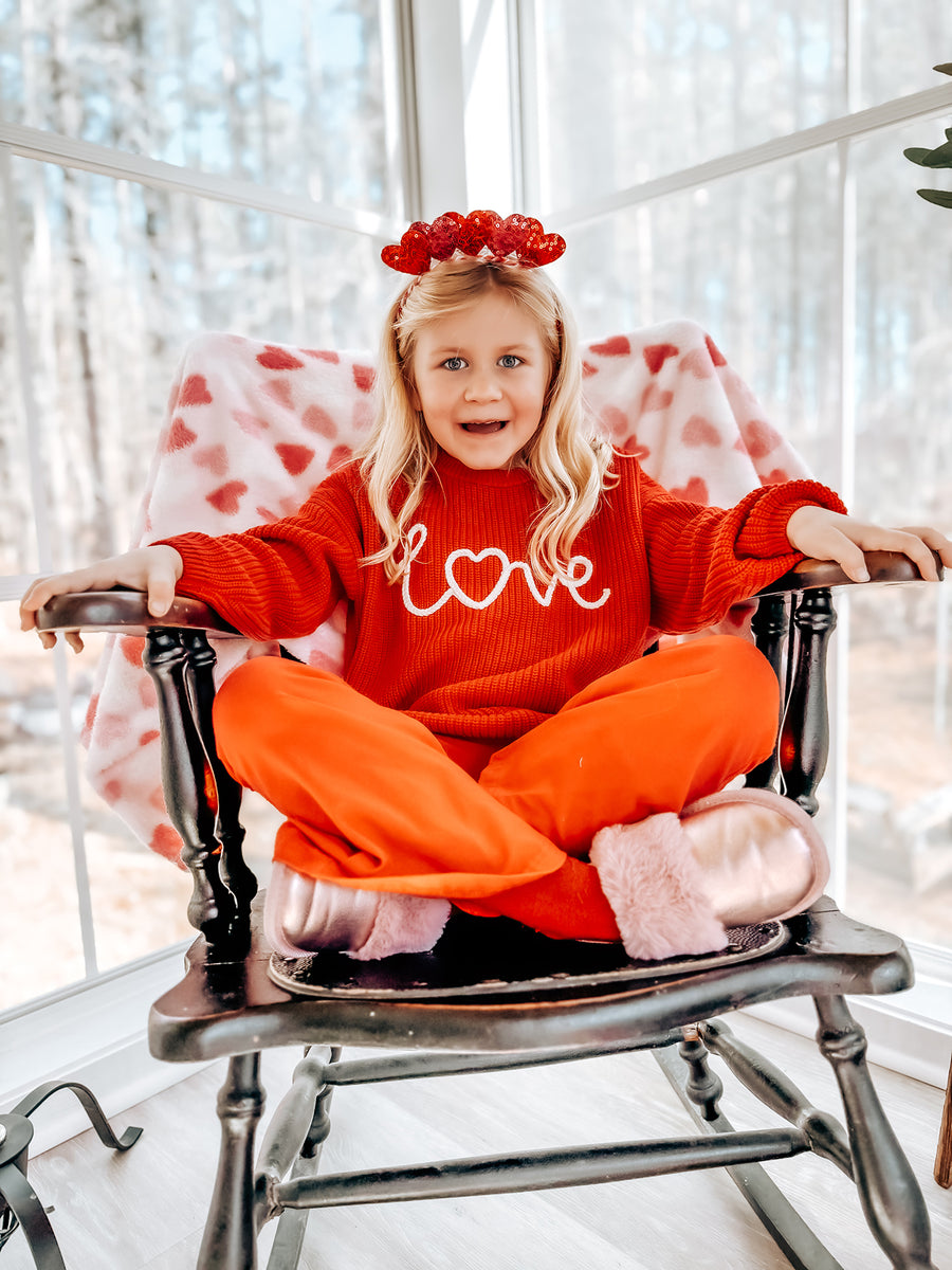 Valentine’s Day Girls Red Knit Sweater – "Love" Heart Embroidery Long Sleeve Pullover