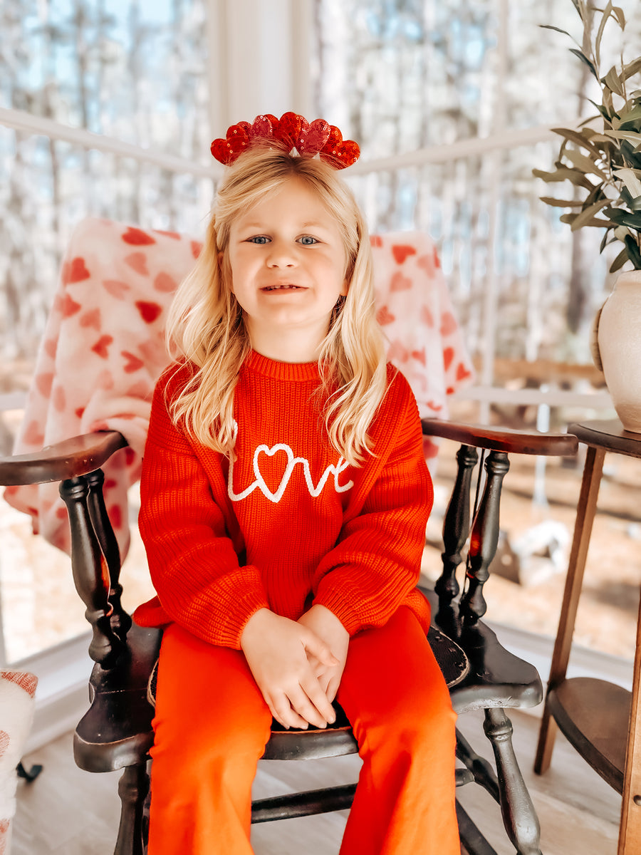 Valentine’s Day Girls Red Knit Sweater – "Love" Heart Embroidery Long Sleeve Pullover