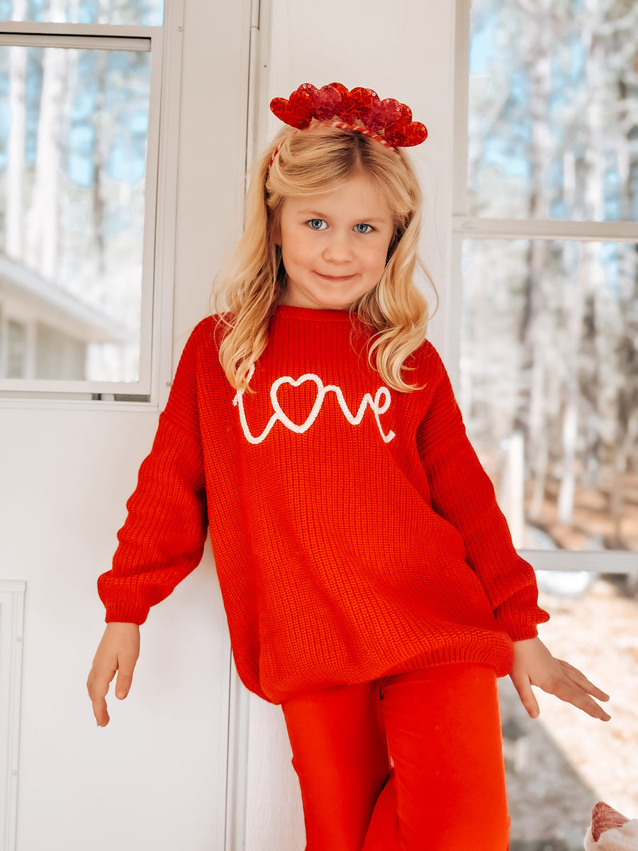 Valentine’s Day Girls Red Knit Sweater – "Love" Heart Embroidery Long Sleeve Pullover
