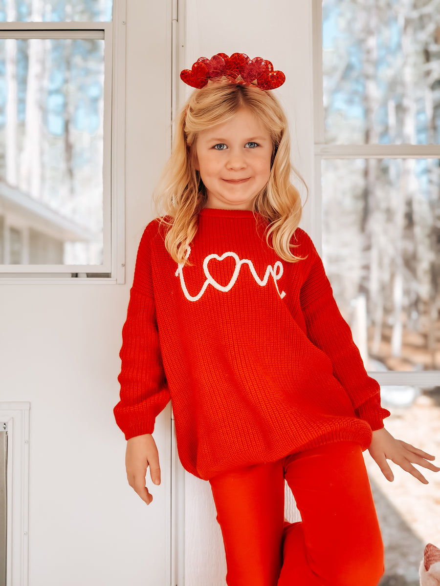 Valentine’s Day Girls Red Knit Sweater – "Love" Heart Embroidery Long Sleeve Pullover