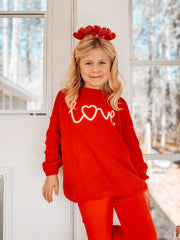 Valentine’s Day Girls Red Knit Sweater – "Love" Heart Embroidery Long Sleeve Pullover