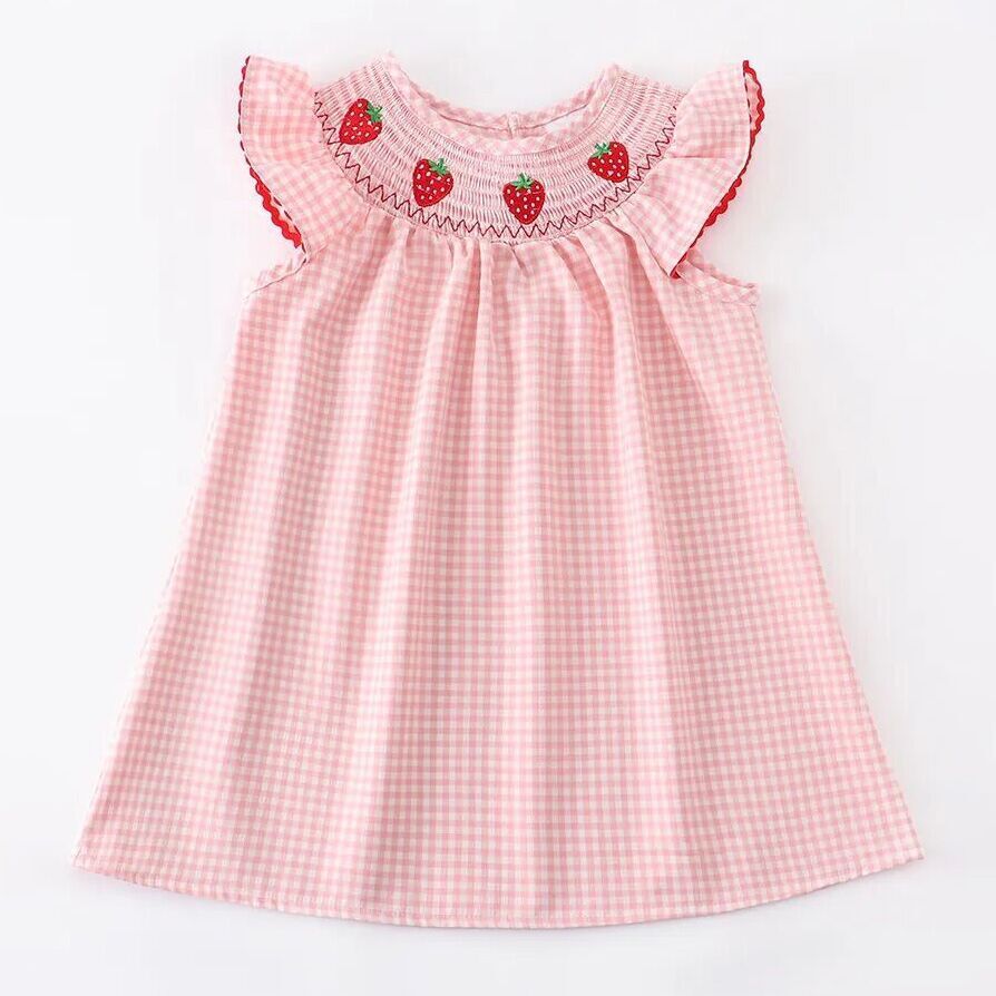 Baby Girls Strawberry Embroidered Plaid Smocked Dress 4 Baby Girls Strawberry Embroidered Plaid Smocked Dress 4