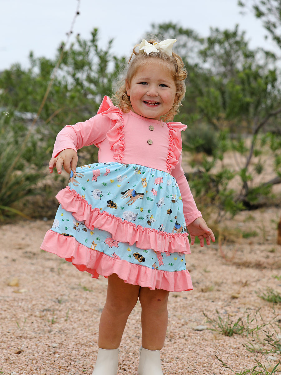 Farm Girl Ruffle Pink Print Dress