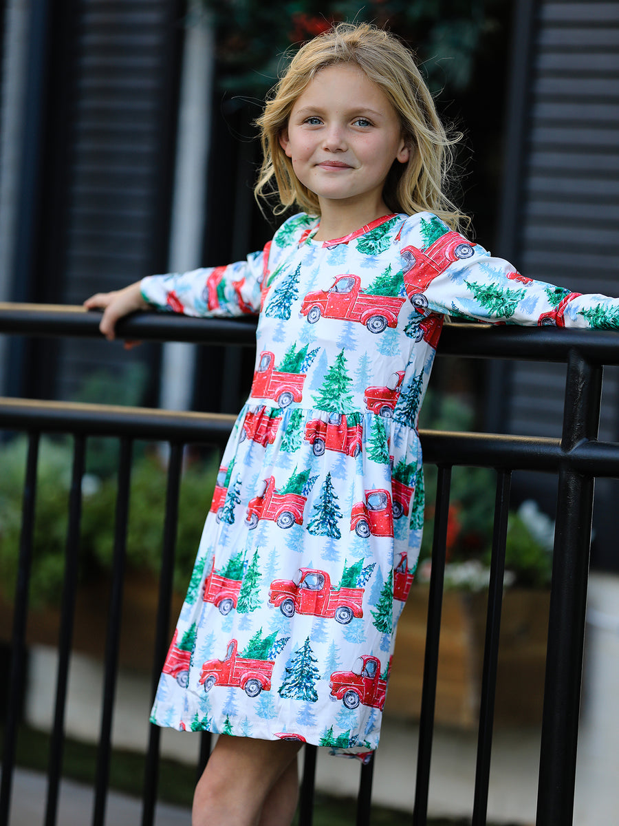 Girls Christmas Truck Christmas Tree Print Dress